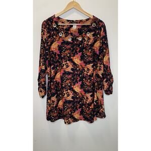 Cocomo Abstract Art to Wear Grommet Neckline Ruched 3/4 Sleeve Blouse Fall 2X